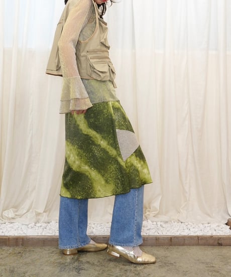 Abstract Grass Print Mesh Paneled Skirt
