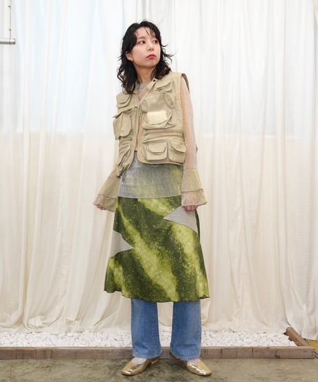 Abstract Grass Print Mesh Paneled Skirt