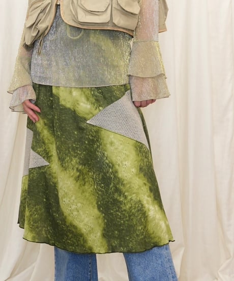 Abstract Grass Print Mesh Paneled Skirt