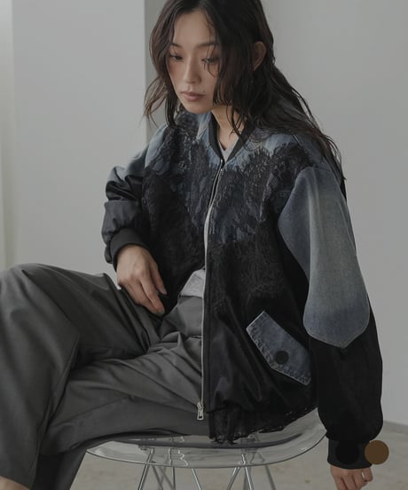 デニム×ベロア×レースブルゾン