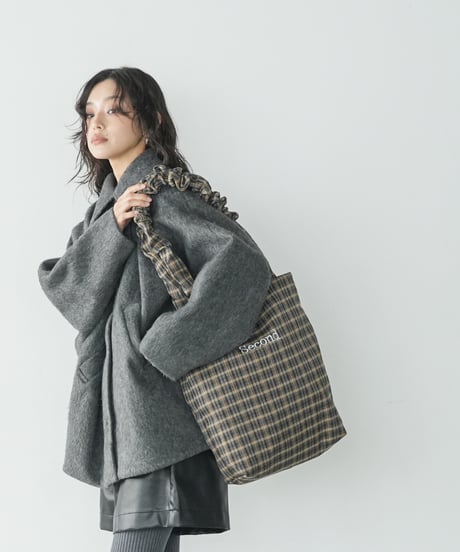 チェックシャーリングハンドル刺繍トートバッグ