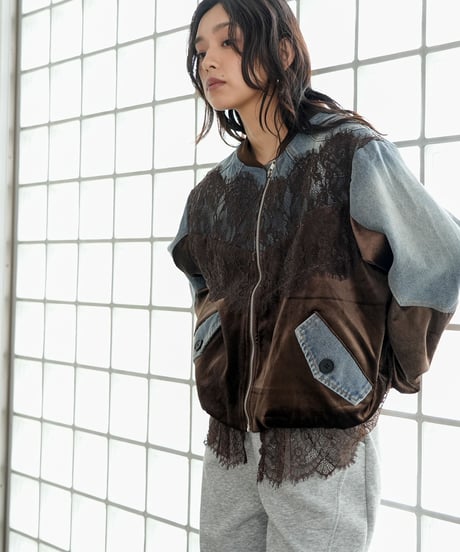 デニム×ベロア×レースブルゾン