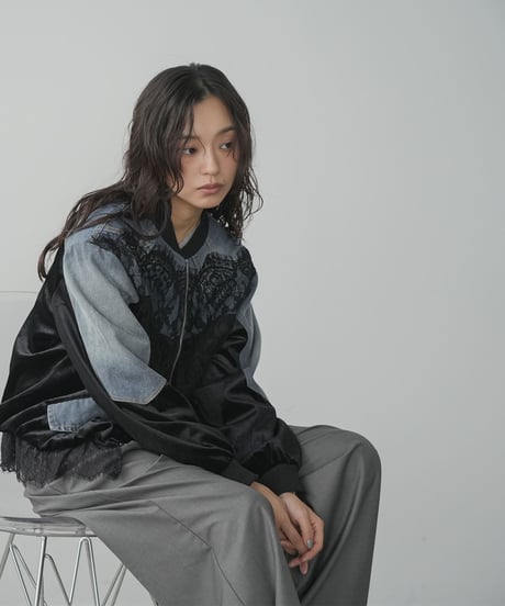 デニム×ベロア×レースブルゾン