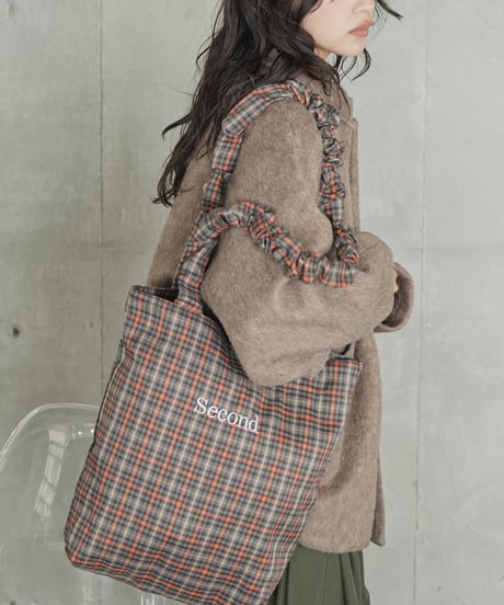 チェックシャーリングハンドル刺繍トートバッグ
