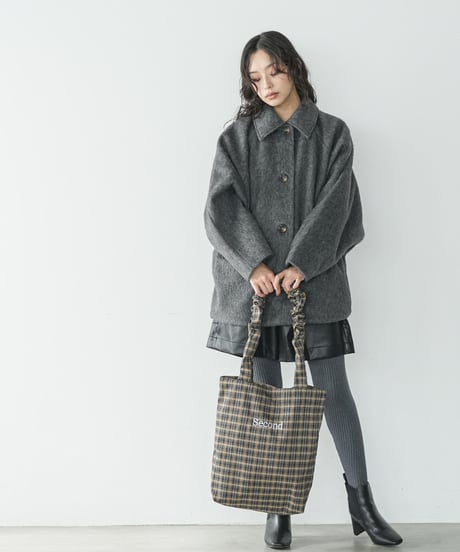 チェックシャーリングハンドル刺繍トートバッグ