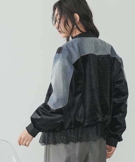 デニム×ベロア×レースブルゾン