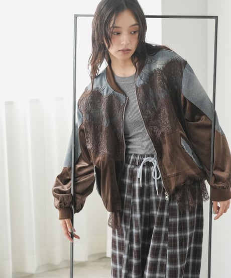 デニム×ベロア×レースブルゾン
