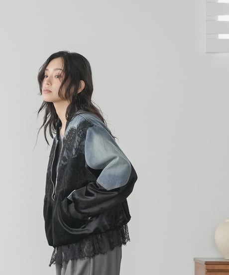 デニム×ベロア×レースブルゾン