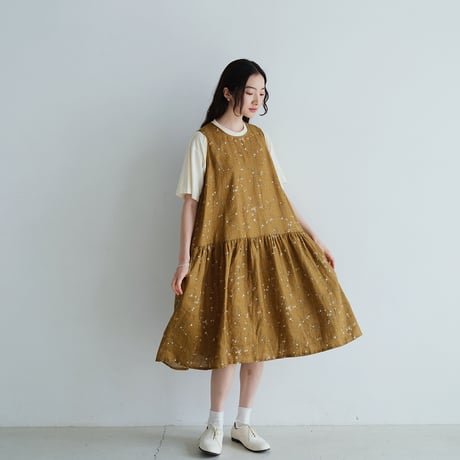 リネン フラワープリント ノースリーブワンピース