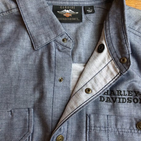 【ハーレーダビッドソン】 長袖 ワークシャツ  スナップボタン 刺繍 ロゴ インディゴブルー ハーレー GENUINE MOTORCLOTHES Sサイズ HARLEY-DAVIDSON
