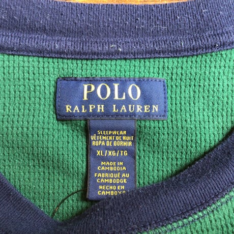 【POLO RALPH LAUREN】ポロ ラルフローレン Pパッチ サーマル 長袖 Tシャツ グリーン ネイビー  ワッフル ロンT カンボジア製 古着 XL