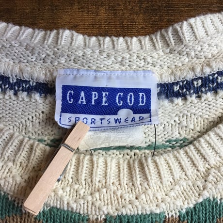 USA製【CAPE COD】 総柄 半袖 サマーニット セーター オフホワイト 生成り 幾何学柄 ヴィンテージ 古着 ビッグサイズ XL