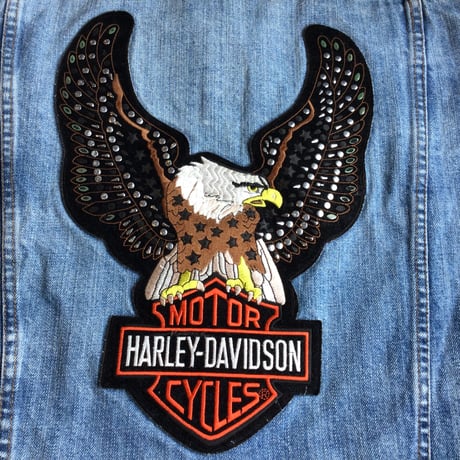 【AUSTIN CLOTHING CO.】 デニムジャケット Gジャン HARLEY-DAVIDSON ハーレーダビッドソン H.O.G. パッチ ワッペン カスタム ブルー 古着 XL