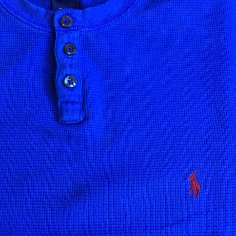 【POLO RALPH LAUREN】 ポロラルフローレン ヘンリーネック ワッフル サーマルカットソー ブルー 赤ポニー刺繍 M