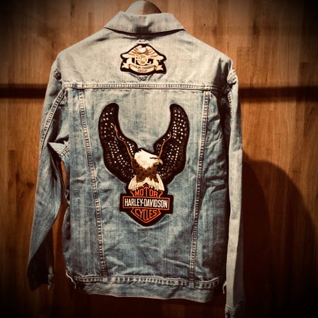 【AUSTIN CLOTHING CO.】 デニムジャケット Gジャン HARLEY-DAVIDSON ハーレーダビッドソン H.O.G. パッチ ワッペン カスタム ブルー 古着 XL