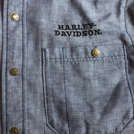 【ハーレーダビッドソン】 長袖 ワークシャツ  スナップボタン 刺繍 ロゴ インディゴブルー ハーレー GENUINE MOTORCLOTHES Sサイズ HARLEY-DAVIDSON