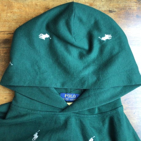 【POLO RALPH LAUREN】ポニー総柄刺繍 スウェットパーカー M グリーン ポロラルフローレン