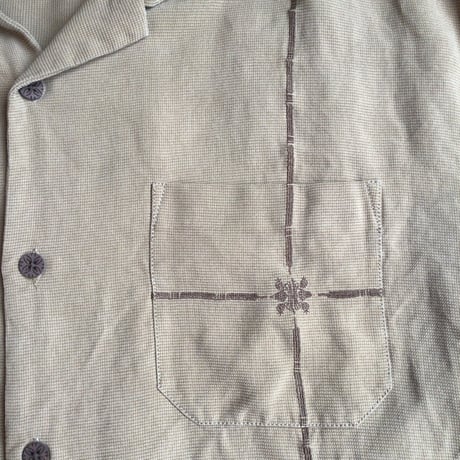絹100%【Tommy Bahama】 トミーバハマ フラミンゴ刺繍 シルク オープンカラーシャツ ベージュ M（L〜XL相当）アロハシャツ 開襟