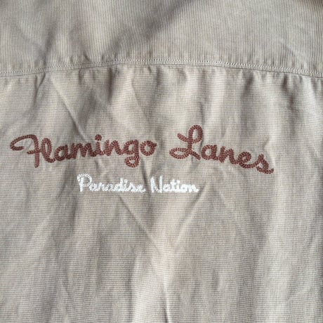 絹100%【Tommy Bahama】 トミーバハマ フラミンゴ刺繍 シルク オープンカラーシャツ ベージュ M（L〜XL相当）アロハシャツ 開襟