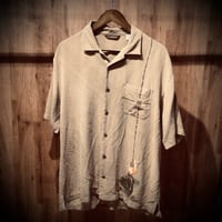 絹100%【Tommy Bahama】 トミーバハマ フラミンゴ刺繍 シルク オープンカラーシャツ ベージュ M（L〜XL相当）アロハシャツ 開襟