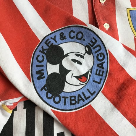 80s 【MICKEY & CO.】 ストライプ柄 長袖 ラガーシャツ ポロシャツ L〜XL相当 レッド ホワイト ミッキー ディズニー ビンテージ 古着
