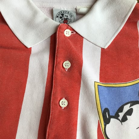 80s 【MICKEY & CO.】 ストライプ柄 長袖 ラガーシャツ ポロシャツ L〜XL相当 レッド ホワイト ミッキー ディズニー ビンテージ 古着