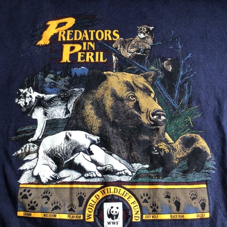 【WWF】 世界自然保護基金 PREDATORS IN PERIL アニマルプリント Tシャツ ネイビー カナダ製 シングルステッチ XL