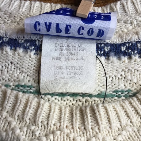 USA製【CAPE COD】 総柄 半袖 サマーニット セーター オフホワイト 生成り 幾何学柄 ヴィンテージ 古着 ビッグサイズ XL
