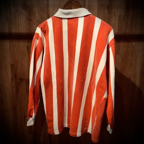 80s 【MICKEY & CO.】 ストライプ柄 長袖 ラガーシャツ ポロシャツ L〜XL相当 レッド ホワイト ミッキー ディズニー ビンテージ 古着