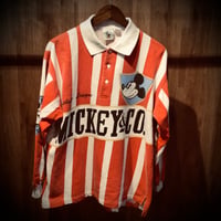 80s 【MICKEY & CO.】 ストライプ柄 長袖 ラガーシャツ ポロシャツ L〜XL相当 レッド ホワイト ミッキー ディズニー ビンテージ 古着