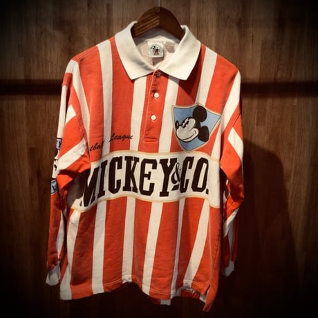 80s 【MICKEY & CO.】 ストライプ柄 長袖 ラガーシャツ ポロシャツ L〜XL相当 レッド ホワイト ミッキー ディズニー ビンテージ 古着