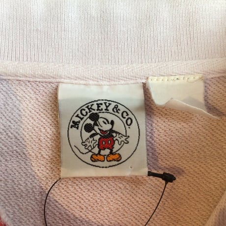 80s 【MICKEY & CO.】 ストライプ柄 長袖 ラガーシャツ ポロシャツ L〜XL相当 レッド ホワイト ミッキー ディズニー ビンテージ 古着