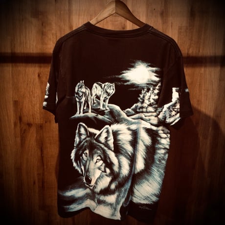 USA製/90s【Harlequin】オオカミ アニマルTシャツ 半袖 ブラック 黒 狼 ウルフ オールオーバープリント 総柄 1994年コピーライト  ヴィンテージ古着