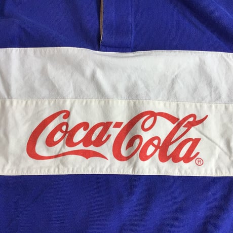 80s 【Coca-Cola】 コカ・コーラ 切り替え 長袖 ラガーシャツ L相当 ブルー ホワイト 企業物 80年代 ビンテージ 古着