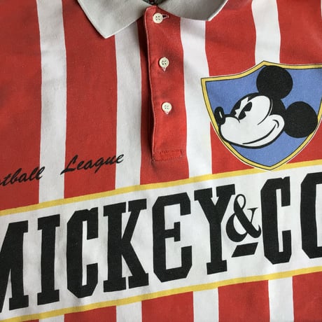 80s 【MICKEY & CO.】 ストライプ柄 長袖 ラガーシャツ ポロシャツ L〜XL相当 レッド ホワイト ミッキー ディズニー ビンテージ 古着