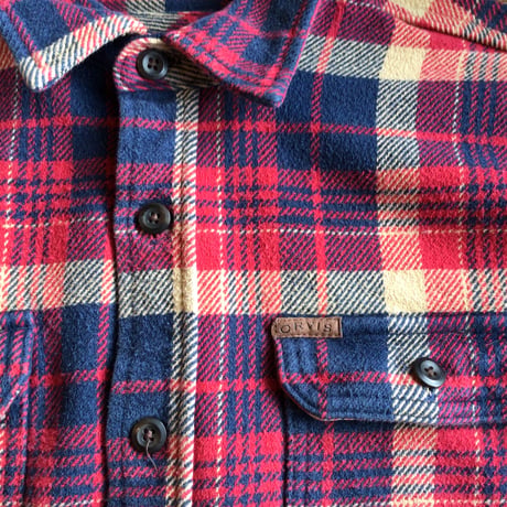 【ORVIS】 オービス ヘビーネルシャツ ネルシャツ チェック柄 レザーピスネーム ネイビー レッド ベージュ メンズ 古着 M