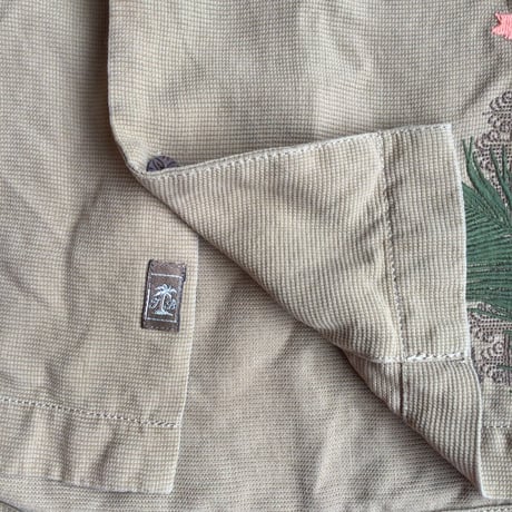 絹100%【Tommy Bahama】 トミーバハマ フラミンゴ刺繍 シルク オープンカラーシャツ ベージュ M（L〜XL相当）アロハシャツ 開襟
