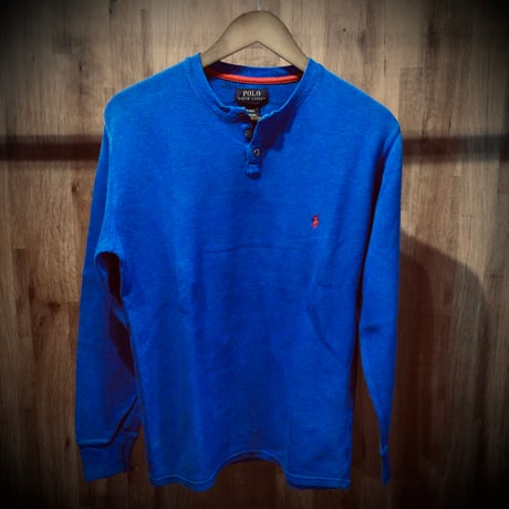 【POLO RALPH LAUREN】 ポロラルフローレン ヘンリーネック ワッフル サーマルカットソー ブルー 赤ポニー刺繍 M