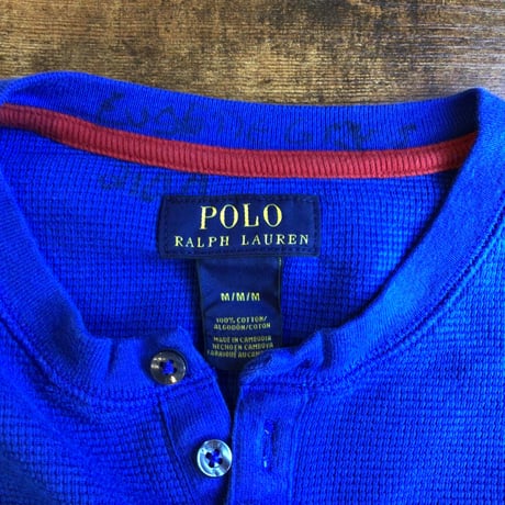 【POLO RALPH LAUREN】 ポロラルフローレン ヘンリーネック ワッフル サーマルカットソー ブルー 赤ポニー刺繍 M