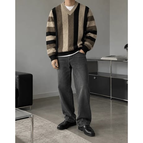 mode stripe v-neck sweater　VG1017