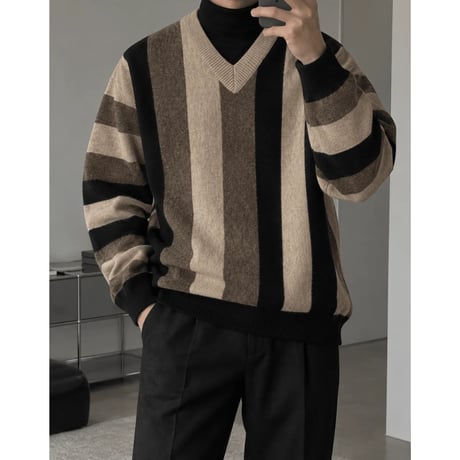 mode stripe v-neck sweater　VG1017