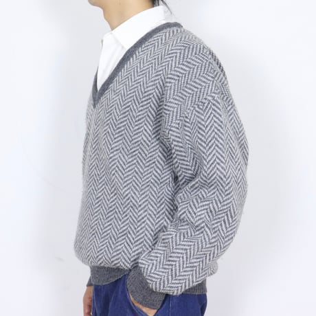 French Vintage Herringbone V-Neck Knit 1980s.