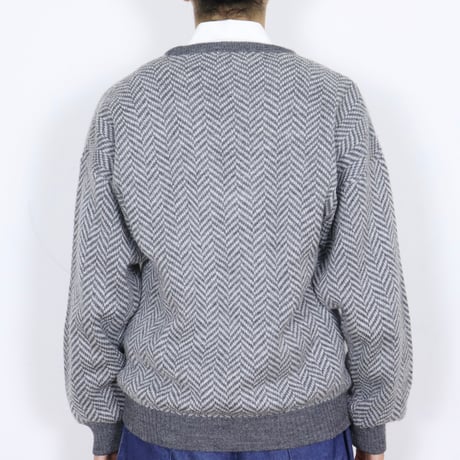 French Vintage Herringbone V-Neck Knit 1980s.