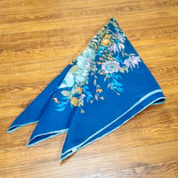 ヴィンテージ ボタニカルフラワー柄 スカーフ ブルー×オレンジ