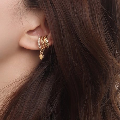 gold heart charm layered ear cuff　SH1138