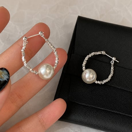silver texture pearl drop earrings　SH1136