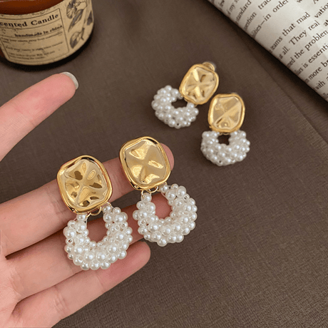 gold square motif pearl circle earrings　SH1115