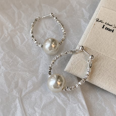 silver texture pearl drop earrings　SH1136