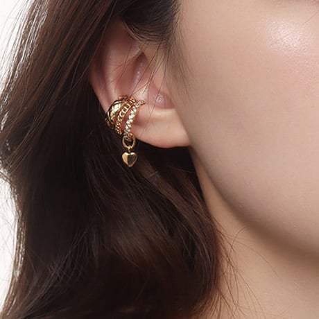gold heart charm layered ear cuff　SH1138