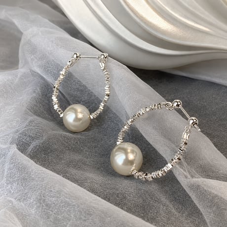 silver texture pearl drop earrings　SH1136